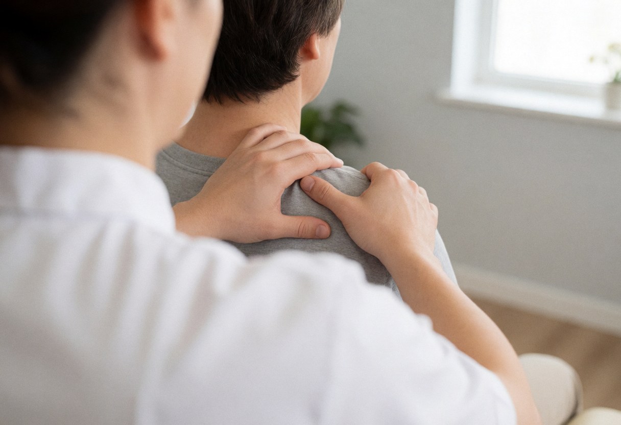 Un thérapeute professionnel masse les épaules d'un client avec ses mains dans un cadre lumineux et apaisant.