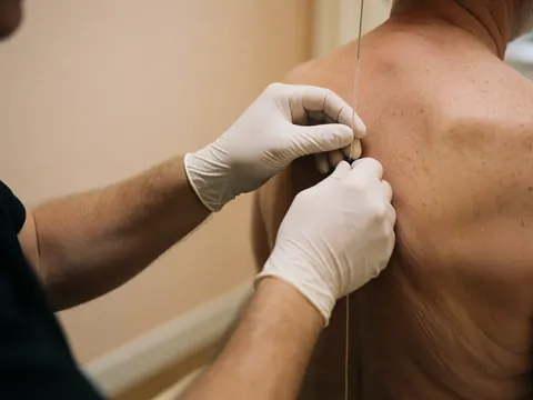 Gros plan d'une ligne de plomb verticale posée sur une surface beige, servant d'outil de mesure pour l'alignement ou la posture.