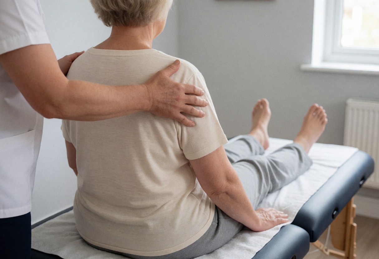 Un thérapeute professionnel effectue un ajustement sur l'épaule d'un patient assis sur une table de traitement dans un cabinet lumineux.