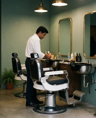 Un barbier masculin est concentré sur sa tâche professionnelle dans un cadre de salon moderne.