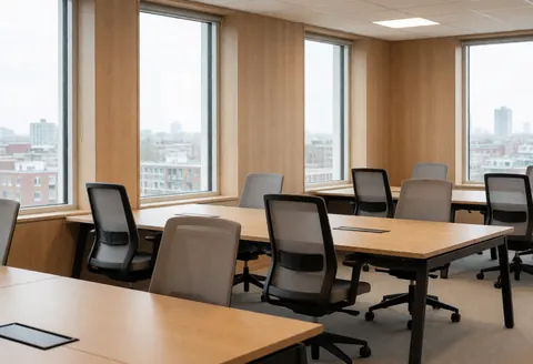 Vue d'un bureau à ciel ouvert lumineux et spacieux doté de tables en bois, de chaises ergonomiques et de grandes fenêtres offrant une vue sur la ville.