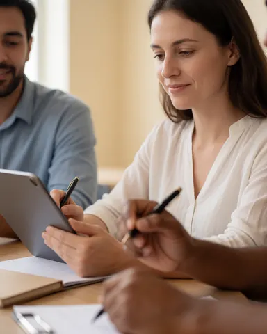 Une entrepreneuse souriante et satisfaite travaille dans un espace de coworking lumineux, utilisant une tablette et un carnet sur une table.
