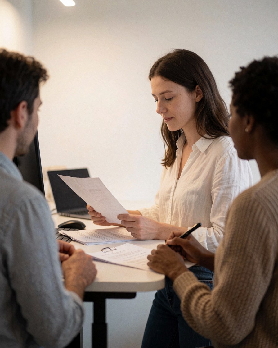 Une réunion professionnelle se déroule dans un espace de coworking moderne. Trois collègues examinent ensemble des dossiers sur une table, favorisant la collaboration et la productivité en équipe.