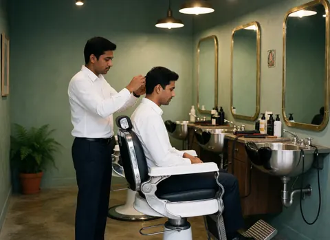 Un barbier portant une chemise blanche coupe les cheveux d'un client assis dans un salon avec miroirs et murs verts