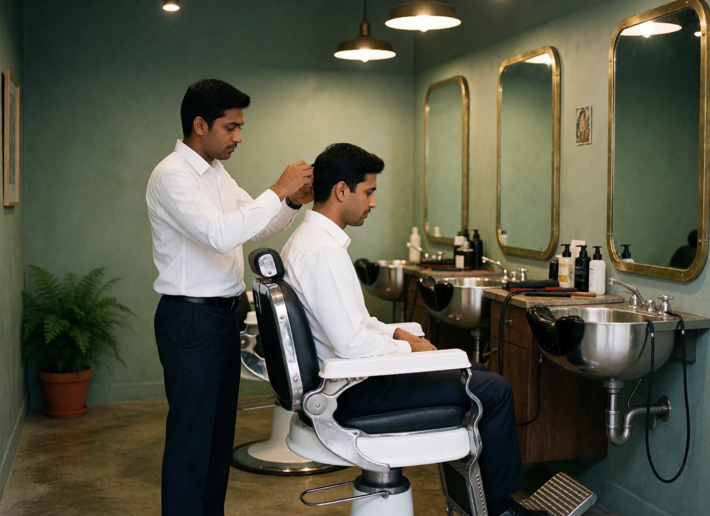 Un barbier portant une chemise blanche coupe les cheveux d'un client assis dans un salon avec miroirs et murs verts
