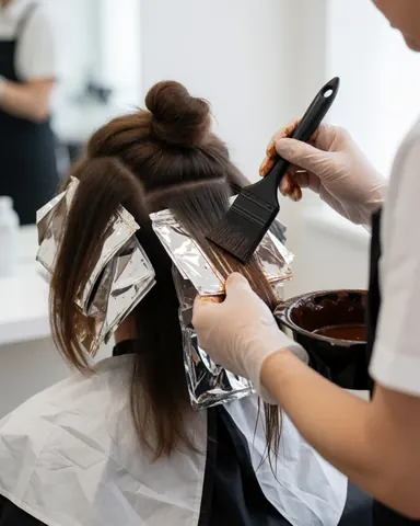 Des mains gantées appliquent du papier aluminium pour réaliser des mèches sur des cheveux bruns dans un salon de coiffure.