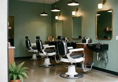 Vue intérieure d'un salon de coiffure masculin contemporain avec murs verts, sièges chromés, miroirs bronze, lavabos et plante en coin.