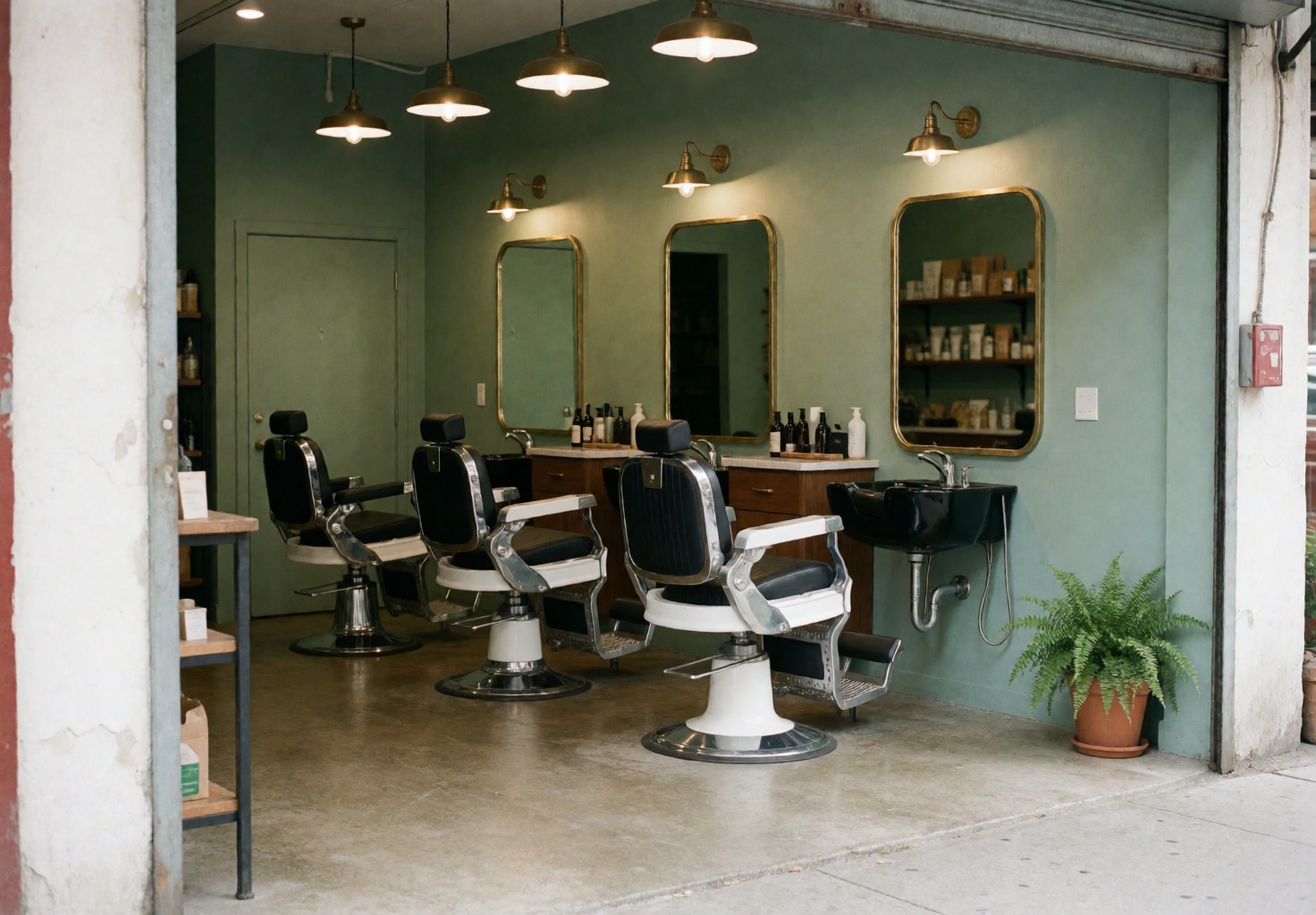 Vue d'un salon de barbier moderne avec des fauteuils vintage, des miroirs, des murs verts et une plante dans le coin.
