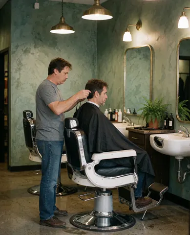 Un homme souriant regarde son reflet dans le miroir après une coupe de cheveux réussie en barbérie.