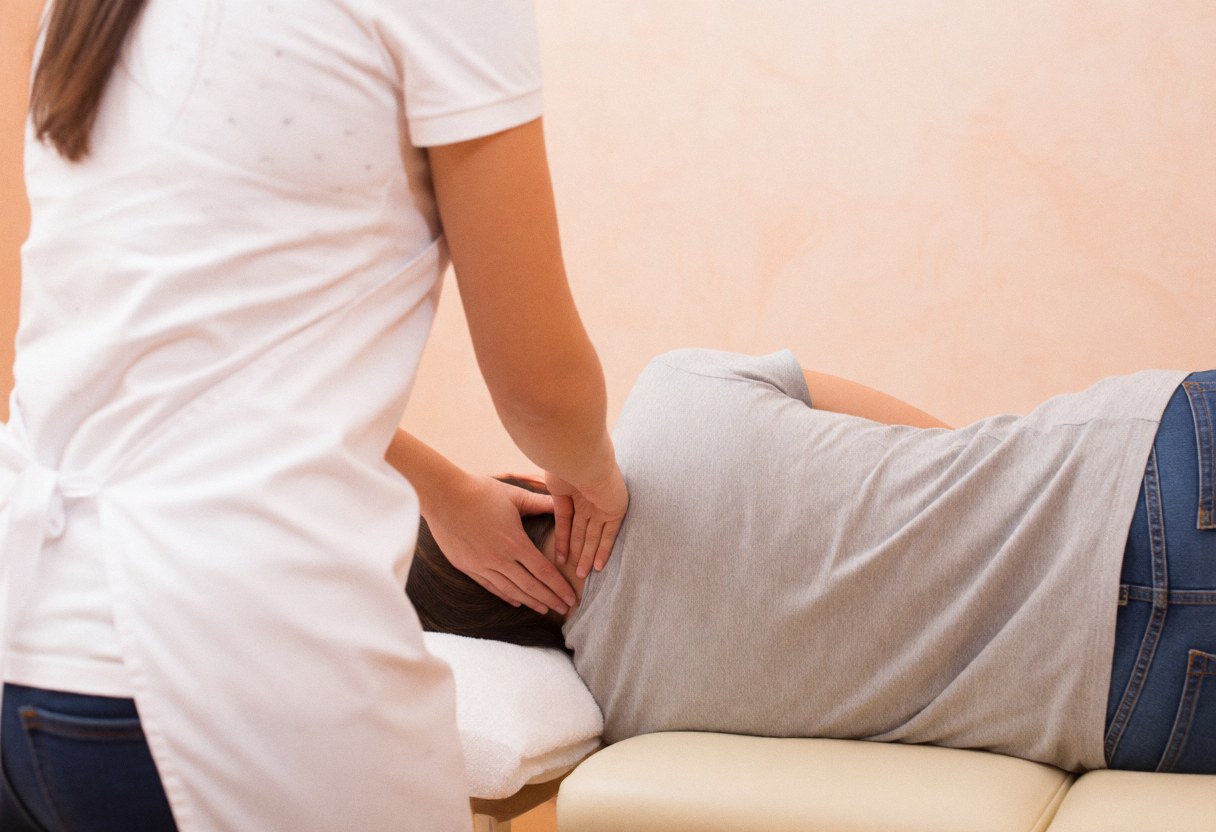 Un thérapeute effectue un massage cervical professionnel sur un client allongé sur une table de massage dans un cabinet.