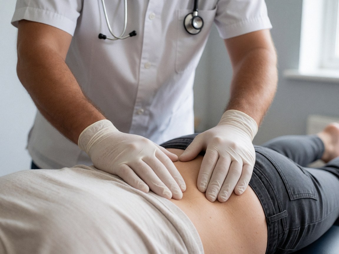 Gros plan sur des mains effectuant un massage thérapeutique sur le dos d'un patient dans un cadre médical professionnel.
