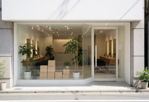 Façade de salon de coiffure avec grande fenêtre, plantes vertes, tables et chaises visibles, éclairage naturel et ambiance propre et professionnelle.