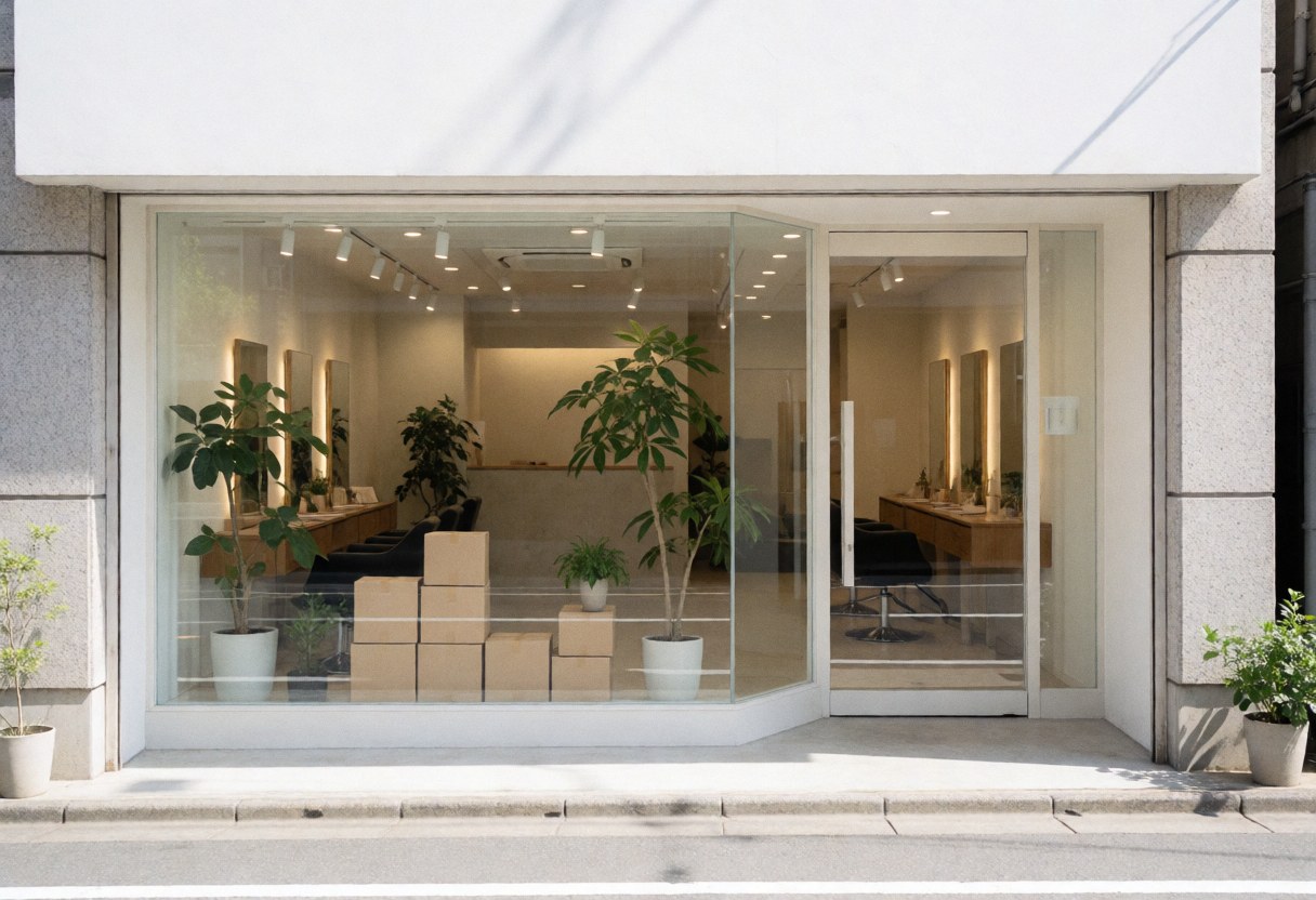 Façade de salon de coiffure avec grande fenêtre, plantes vertes, tables et chaises visibles, éclairage naturel et ambiance propre et professionnelle.