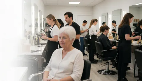 Vue intérieure d'un salon de coiffure avec une cliente assise floue au premier plan et des coiffeurs travaillant en arrière-plan avec des outils et des miroirs.