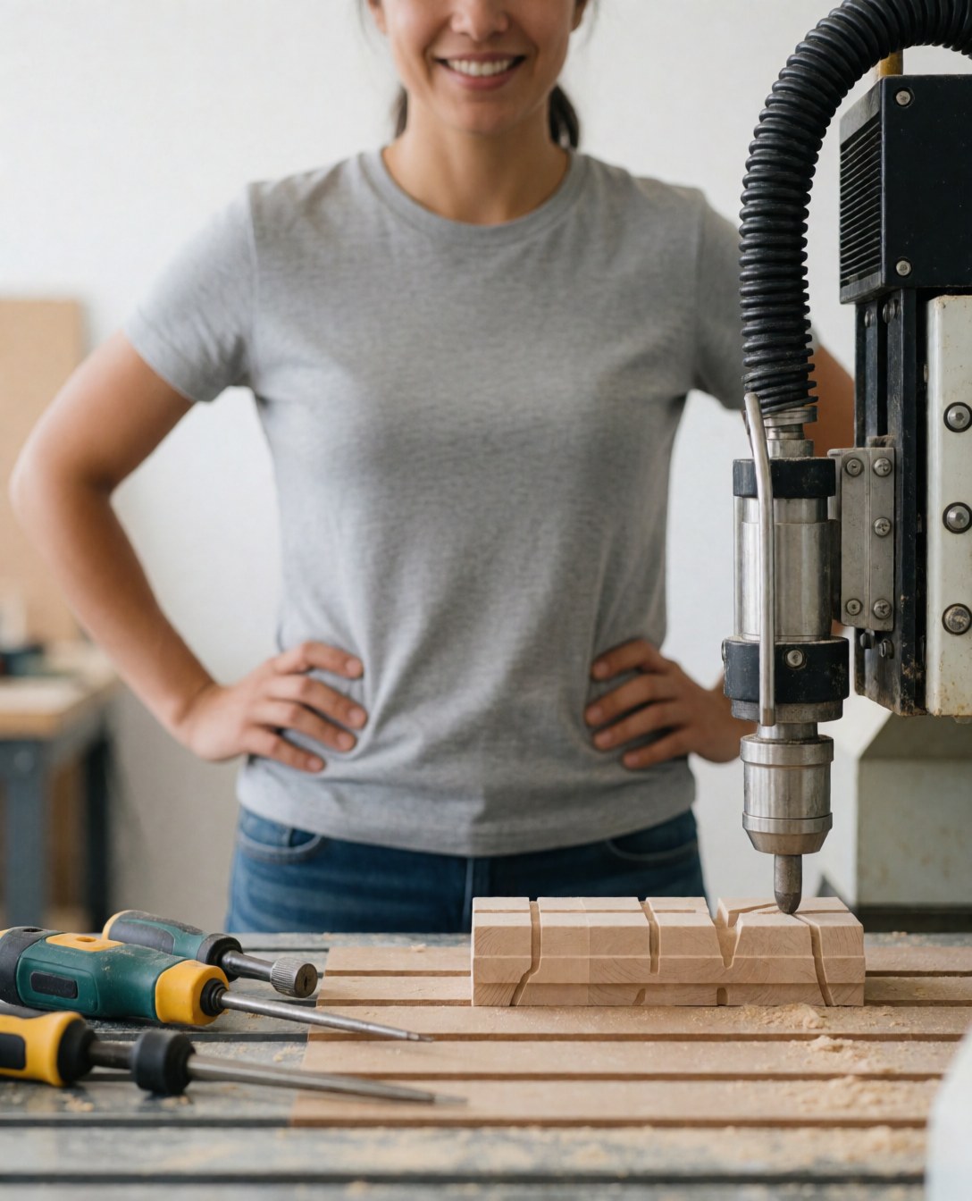 Une charpentière souriante les mains sur les hanches devant une machine CNC coupant du bois, outils sur la table, atelier bien éclairé.