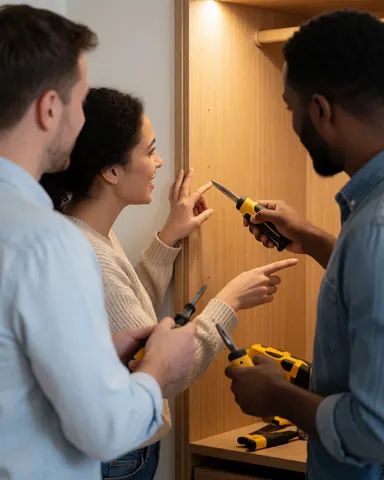 Un couple observe avec satisfaction l'installation d'un nouveau meuble en bois dans une maison moderne.