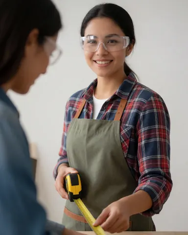 Portrait d'une jeune charpentière professionnelle souriante, portant des lunettes de sécurité et un tablier, tenant un mètre ruban dans un atelier.