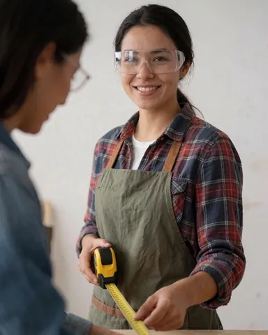Portrait d'une jeune charpentière professionnelle souriante, portant des lunettes de sécurité et un tablier, tenant un mètre ruban dans un atelier.