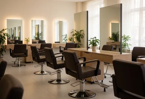 Vue intérieure d'un salon de coiffure moderne et propre, avec des chaises, des miroirs, des plantes et une décoration élégante.