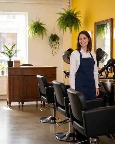 Propriétaire souriante dans un salon moderne avec chaises, sèche-cheveux, miroir et plantes suspendues. Mur jaune, sol poli, réception en bois, ambiance chaleureuse et professionnelle.