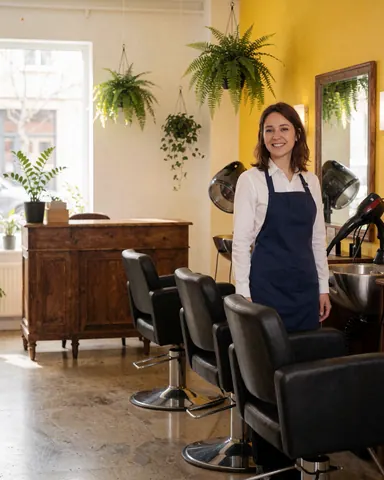 Propriétaire souriante dans un salon moderne avec chaises, sèche-cheveux, miroir et plantes suspendues. Mur jaune, sol poli, réception en bois, ambiance chaleureuse et professionnelle.