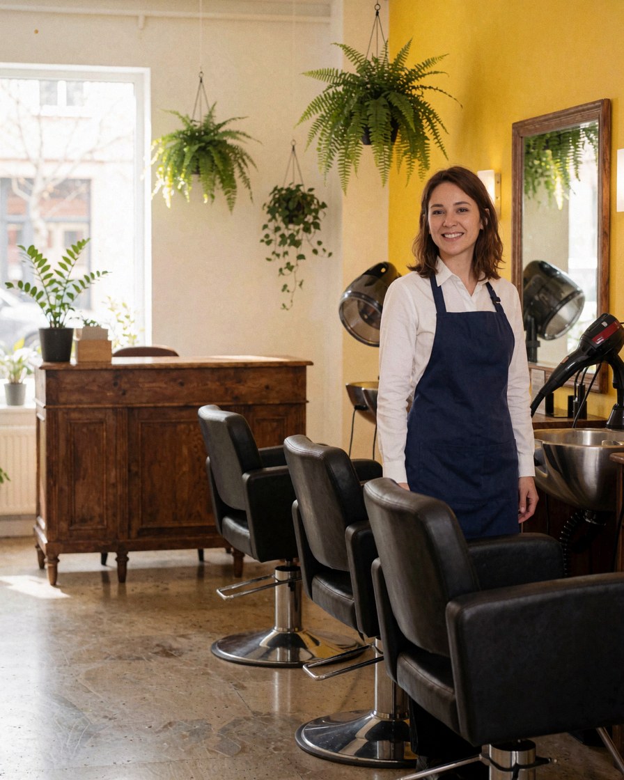 Propriétaire souriante dans un salon moderne avec chaises, sèche-cheveux, miroir et plantes suspendues. Mur jaune, sol poli, réception en bois, ambiance chaleureuse et professionnelle.