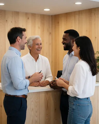 Une équipe professionnelle et soudée se tient ensemble dans un espace d'accueil moderne, illustrant la collaboration et le travail d'équipe en entreprise.