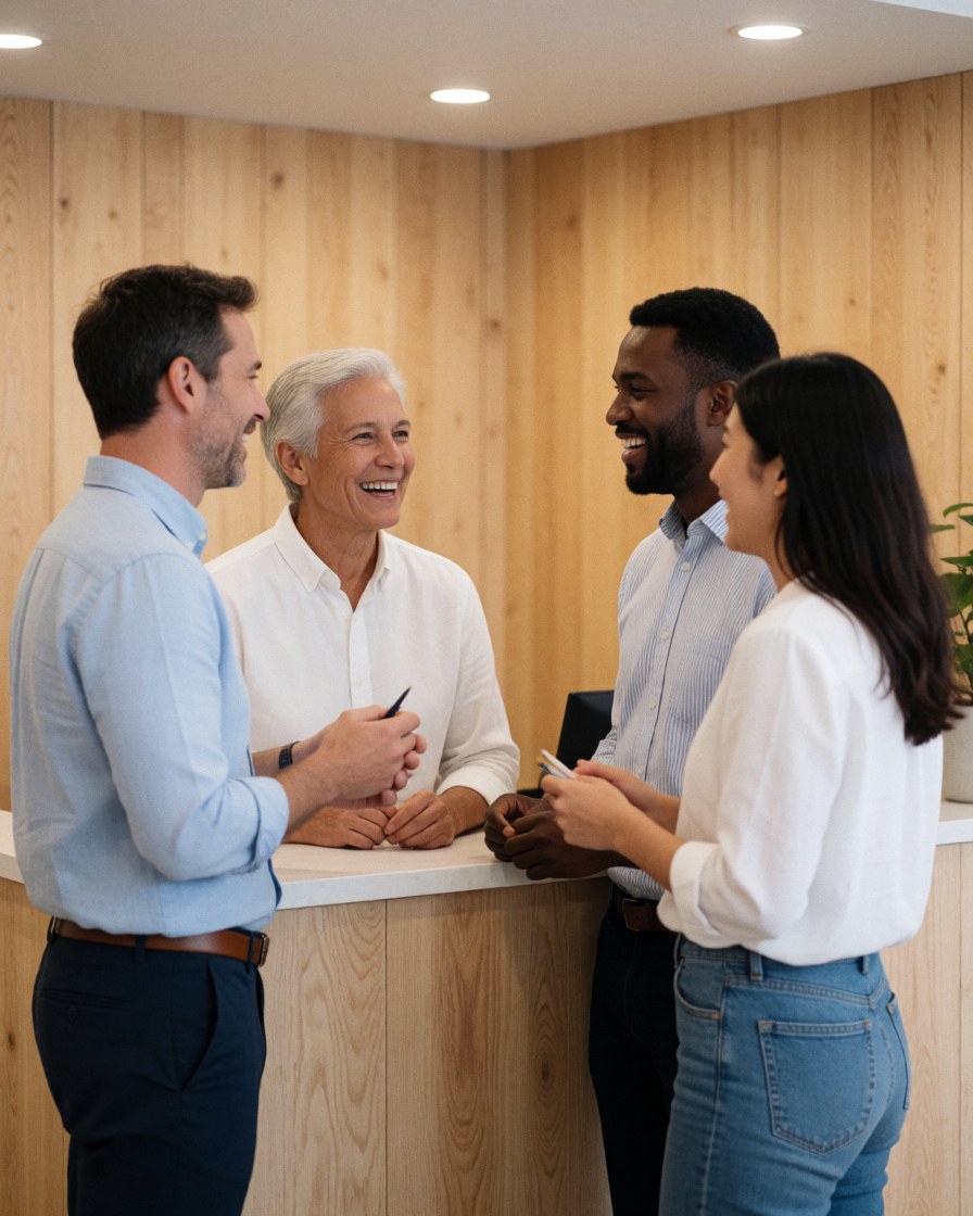 Une équipe professionnelle et soudée se tient ensemble dans un espace d'accueil moderne, illustrant la collaboration et le travail d'équipe en entreprise.