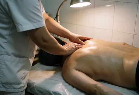 Un thérapeute en train de masser le dos d'un patient allongé sur une table de massage dans un espace aux murs carrelés et à l'éclairage chaleureux.