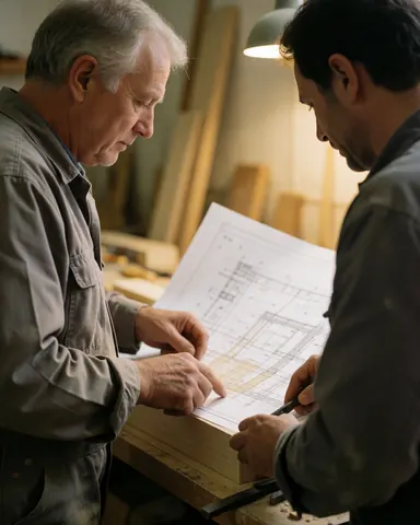 Deux charpentiers concentrent leur attention sur un plan en bois dans un atelier éclairé de lumière chaude, entourés d'outils professionnels.