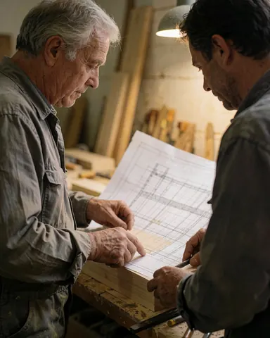Deux charpentiers concentrent leur attention sur un plan en bois dans un atelier éclairé de lumière chaude, entourés d'outils professionnels.