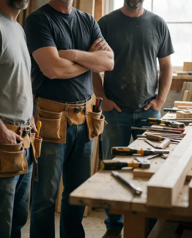 Groupe de professionnels du bois travaillant ensemble dans un atelier avec des outils et du matériel.