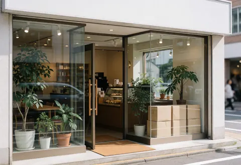 Façade d'un café avec une porte vitrée ouverte, des plantes en pot et des lumières intérieures visibles, créant une ambiance moderne et accueillante dans une rue urbaine.