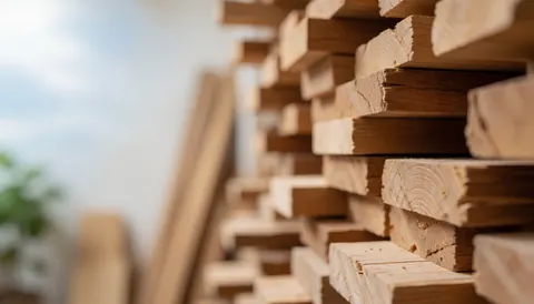 Des planches de bois empilées dans un atelier avec un arrière-plan flou aux tons chauds, idéal pour des textes commerciaux.
