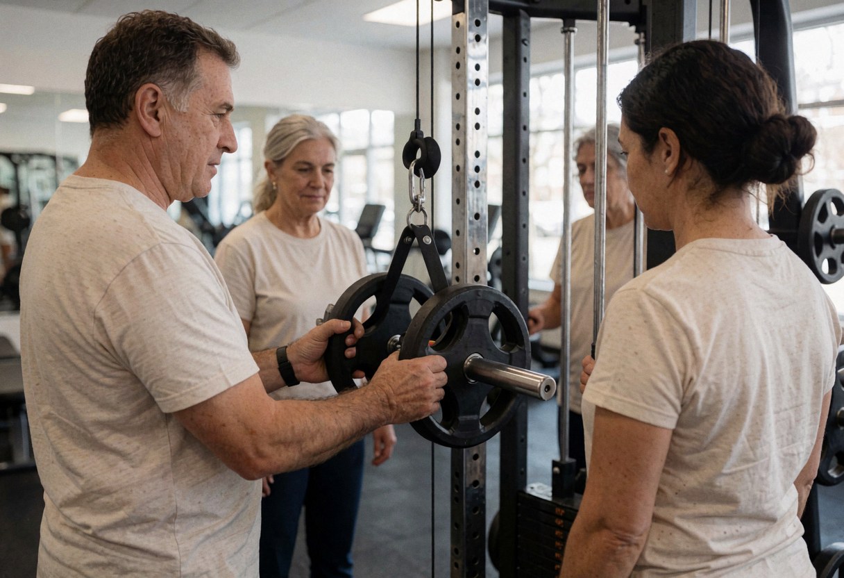 Un professionnel ajuste des équipements de fitness comme des câbles et des machines pour assurer la sécurité et la préparation du service en action.