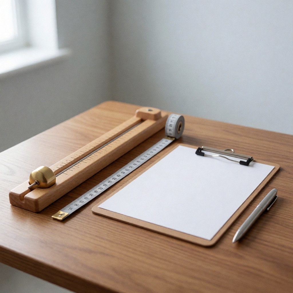 Kit d'évaluation posturale avec fil à plomb en bronze, règle, carnet et crayon sur une table en bois, éclairage naturel, fond clinique doux.