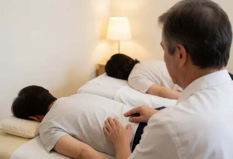 Un thérapeute en train de masser le dos d'un patient allongé sur une table de massage dans un cadre clinique.