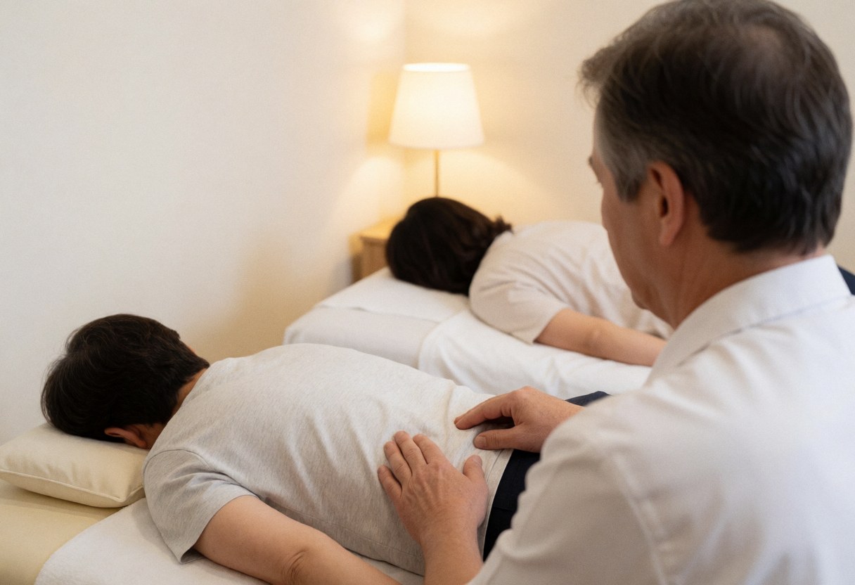 Un thérapeute en train de masser le dos d'un patient allongé sur une table de massage dans un cadre clinique.