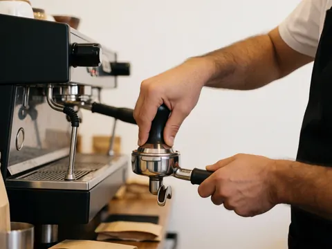 Gros plan des mains d'un barista tassant le café dans le porte-filtre d'une machine à espresso sur fond blanc avec éclairage chaleureux
