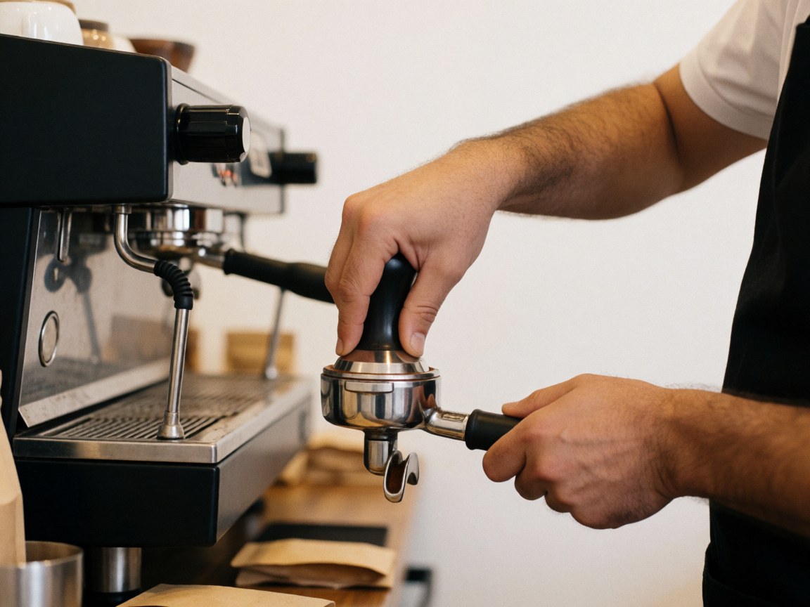 Gros plan des mains d'un barista tassant le café dans le porte-filtre d'une machine à espresso sur fond blanc avec éclairage chaleureux