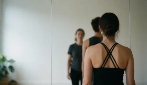 Intérieur d'un studio de yoga lumineux avec des miroirs, un sol en bois et des plantes, offrant un fond blanc épuré et minimaliste pour ajouter du texte.
