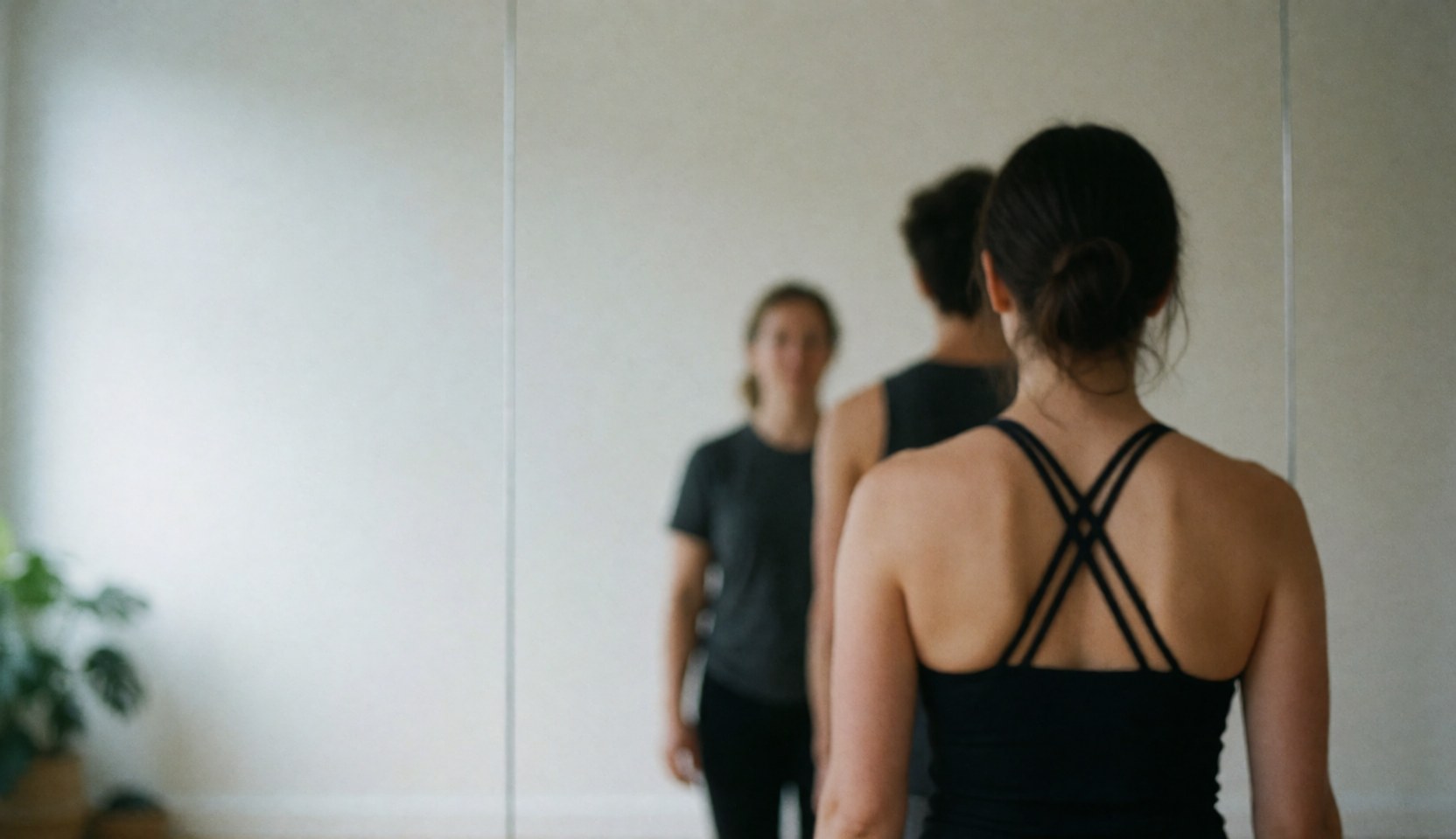 Intérieur d'un studio de yoga lumineux avec des miroirs, un sol en bois et des plantes, offrant un fond blanc épuré et minimaliste pour ajouter du texte.