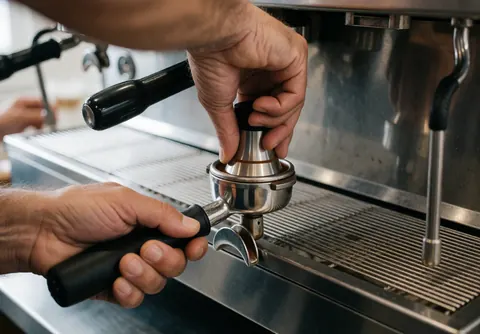 Mains d'un barista utilisant un tampo pour compacter le café moulu dans un portafiltre de machine espresso en métal.
