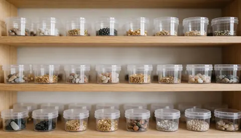Des étagères en bois contenant des récipients transparents remplis de pierres, perles et métaux destinés à la réparation de bijoux sur fond neutre clair.