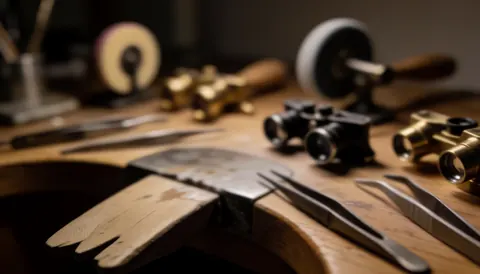 Vue rapprochée d'outils de réparation de bijoux disposés sur une surface en bois, créant un arrière-plan texturé et professionnel pour du texte.