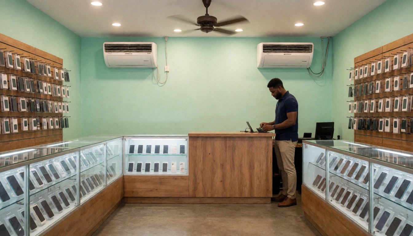 Intérieur d'un magasin de téléphones avec murs verts, comptoirs en verre exposant des appareils, un vendeur au travail et une climatisation murale.