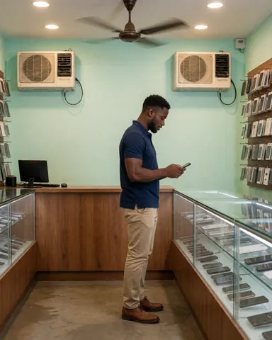 Un technicien répare un smartphone dans une boutique avec des murs verts, un sol brillant, des vitrines et un climatiseur.