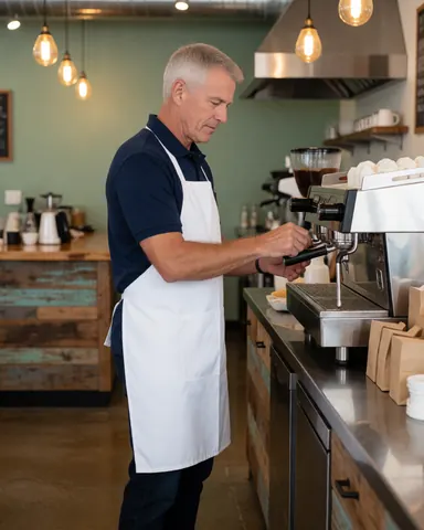 Un barista en tablier blanc ajuste une machine à café professionnelle dans un café aux murs verts et aux lumières chaudes.