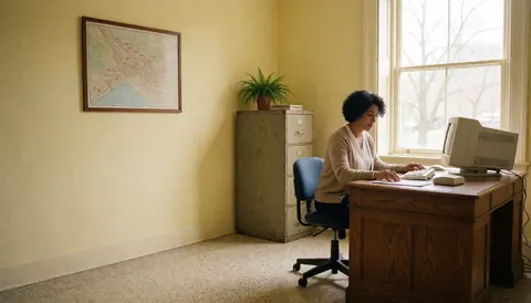 Une femme comptable professionnelle travaille sur son ordinateur dans un bureau en bois avec une plante et une fenêtre.