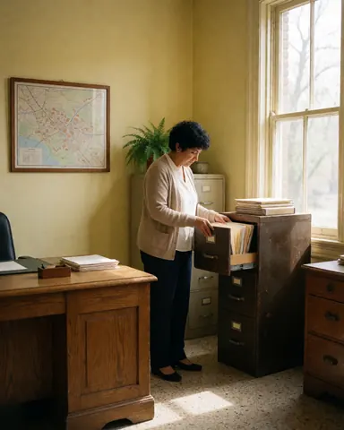 Une femme travaille dans un petit bureau professionnel avec murs jaunes, fenêtre, carte murale et plantes vertes sur le bureau.